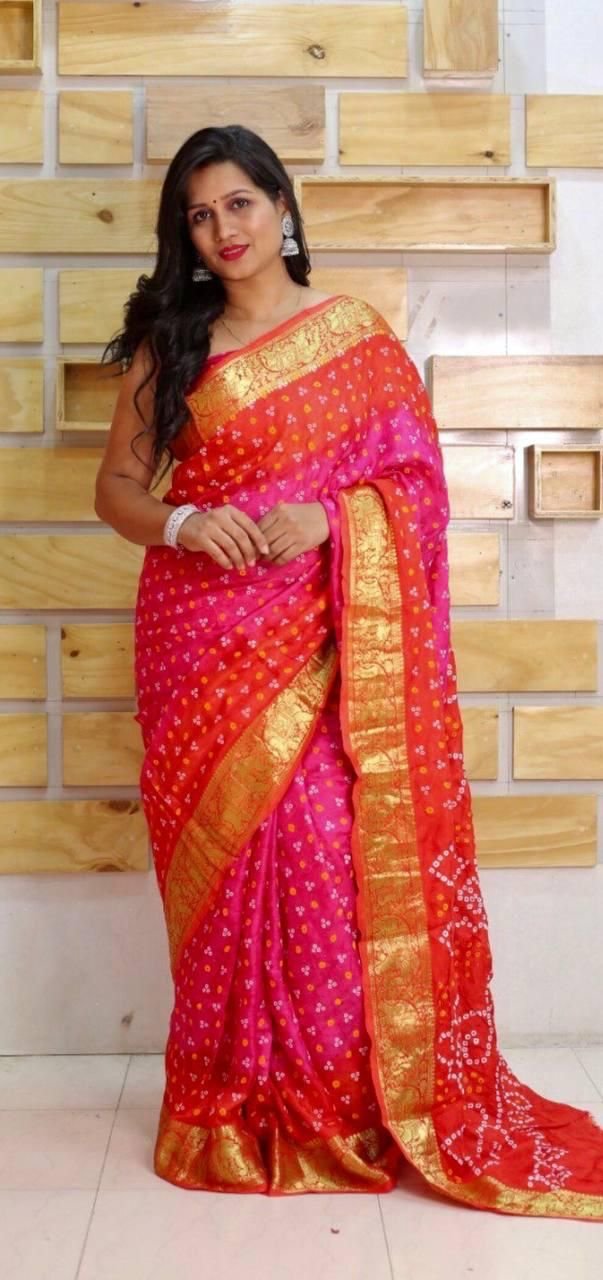 Floral Meenakari Motifs on a Peach Banarasi Bandhani Saree – Naina Jain