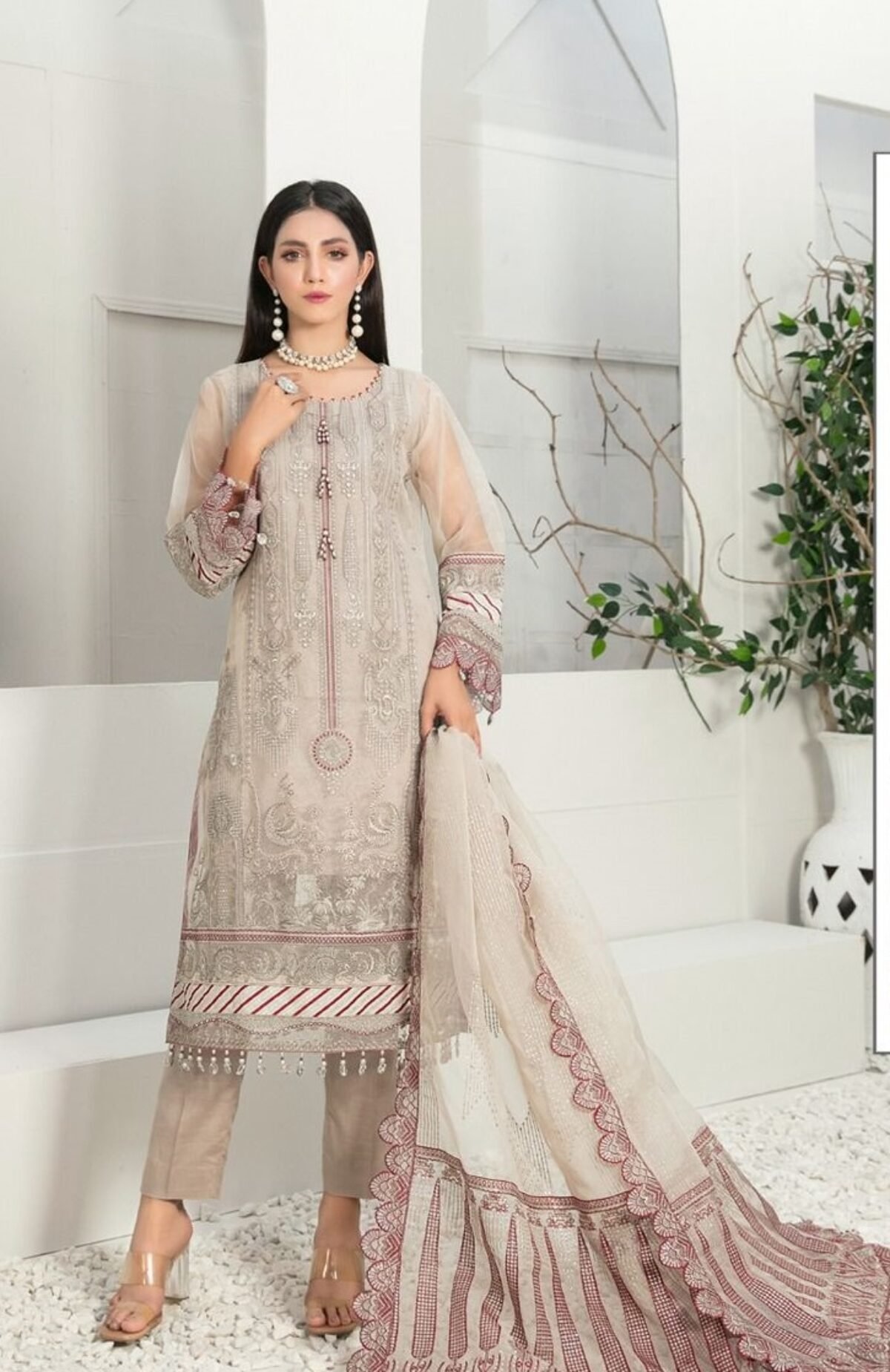 knee length dresses for ladies Pink Sharara Kameez Pakistani Eid Dress in Premium Lawn Small main image 1