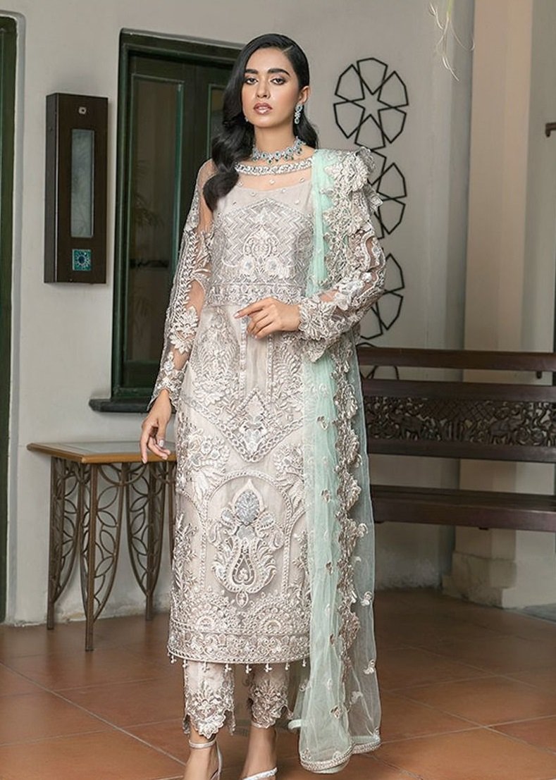 White Partywear Embroidered & Embellished Georgette Pakistani Suit