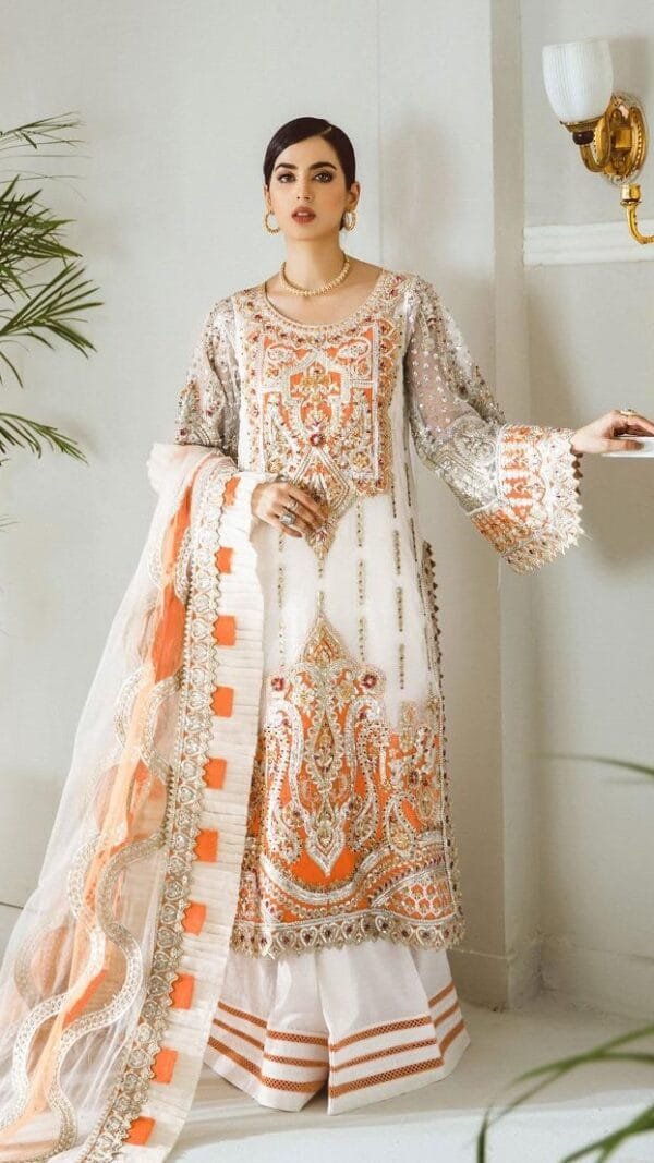 Pakistani Dress Sharara oreng white - Pakistani Suits