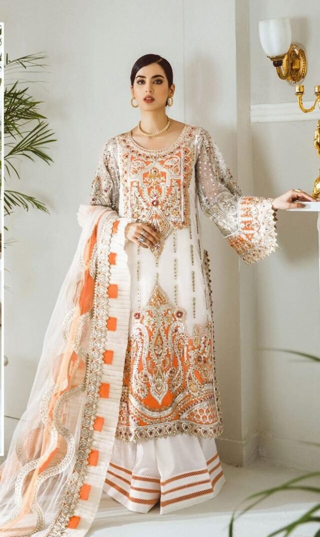 Pakistani Dress Sharara oreng white - Pakistani Suits