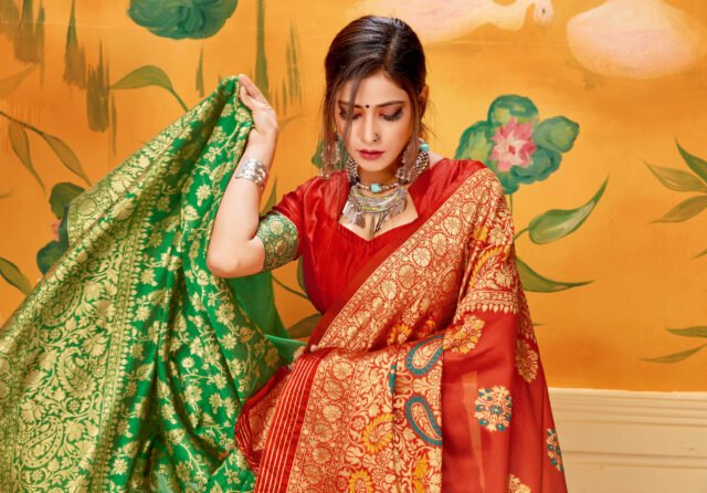 Saree Online India Red Green Colour Saree - Designer Sarees Rs 500 to 1000