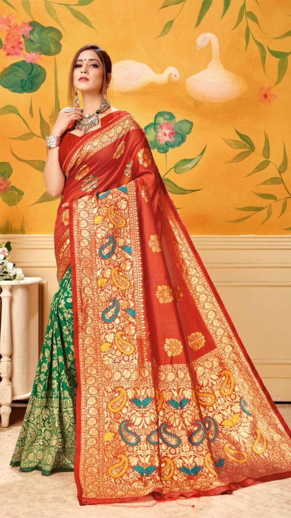 Saree Online India Red Green Colour Saree - Designer Sarees Rs 500 to 1000
