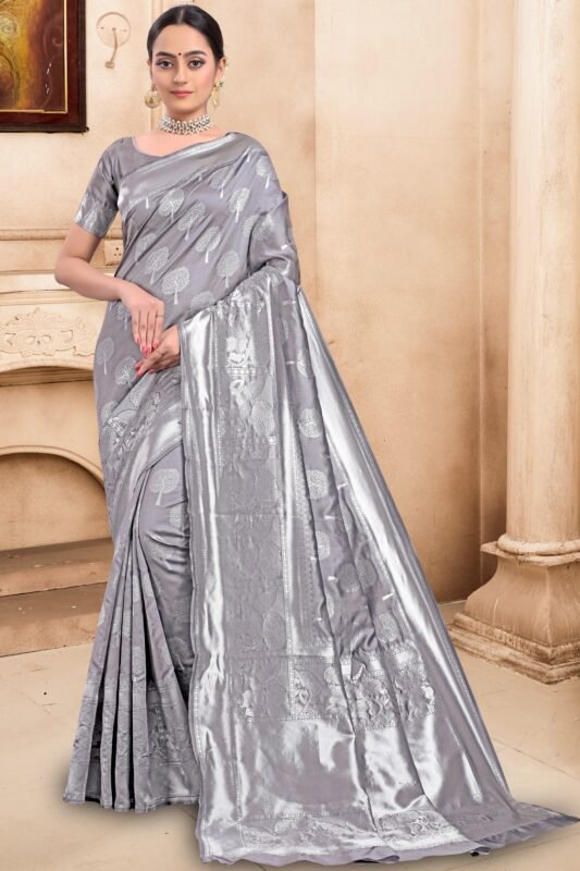 Womens Nyloan Chinon Grey Woven Design Designer Saree with Blouse For Women  - vsaree - 4264496