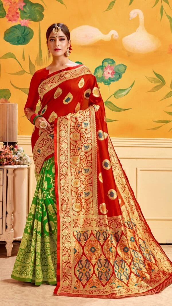 Take Saree Online Shopping 499 Red Green Saree - Designer Sarees Rs 500 to 1000