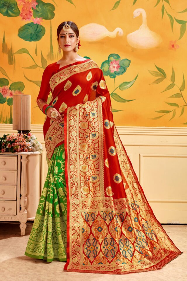 Take Saree Online Shopping 499 Red Green Saree - Designer Sarees Rs 500 to 1000