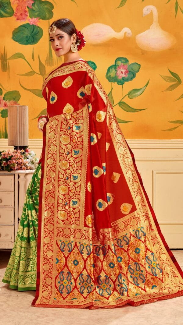 Take Saree Online Shopping 499 Red Green Saree - Designer Sarees Rs 500 to 1000