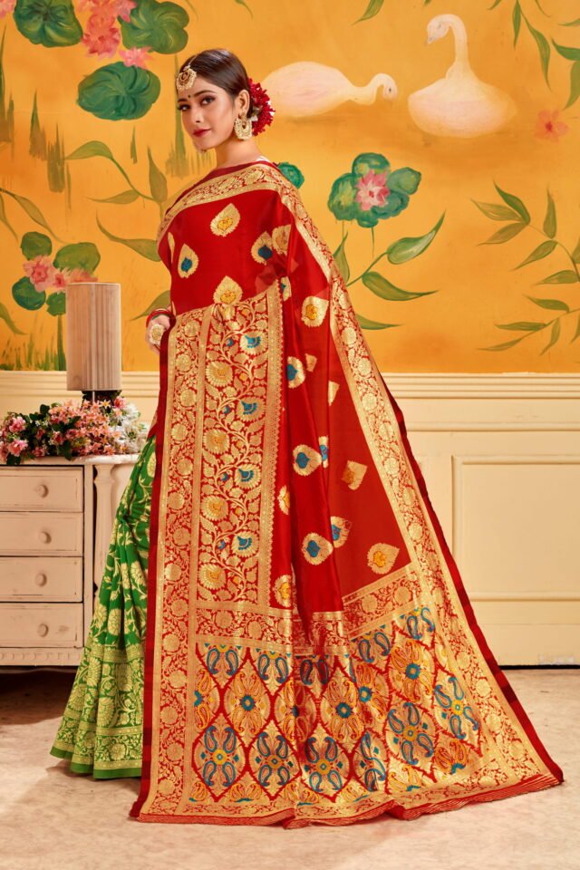 Take Saree Online Shopping 499 Red Green Saree - Designer Sarees Rs 500 to 1000