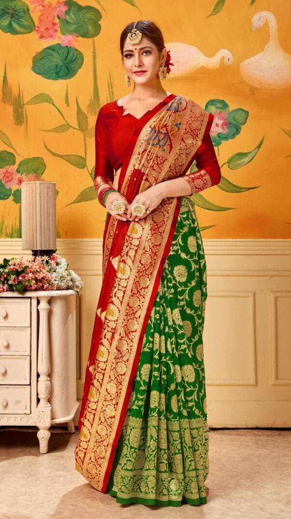 Take Saree Online Shopping 499 Red Green Saree - Designer Sarees Rs 500 to 1000