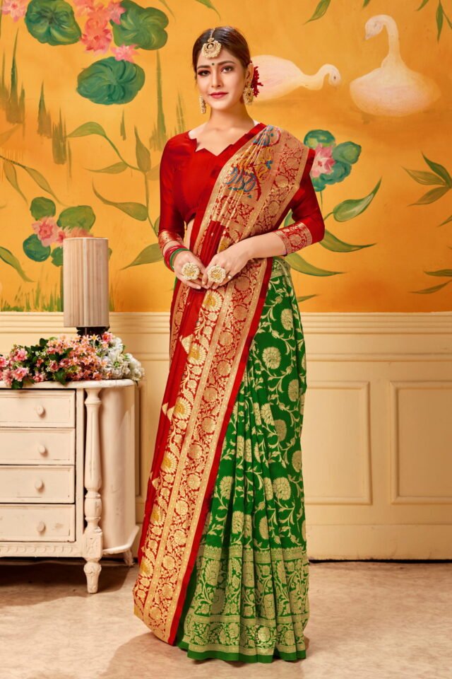 Take Saree Online Shopping 499 Red Green Saree - Designer Sarees Rs 500 to 1000