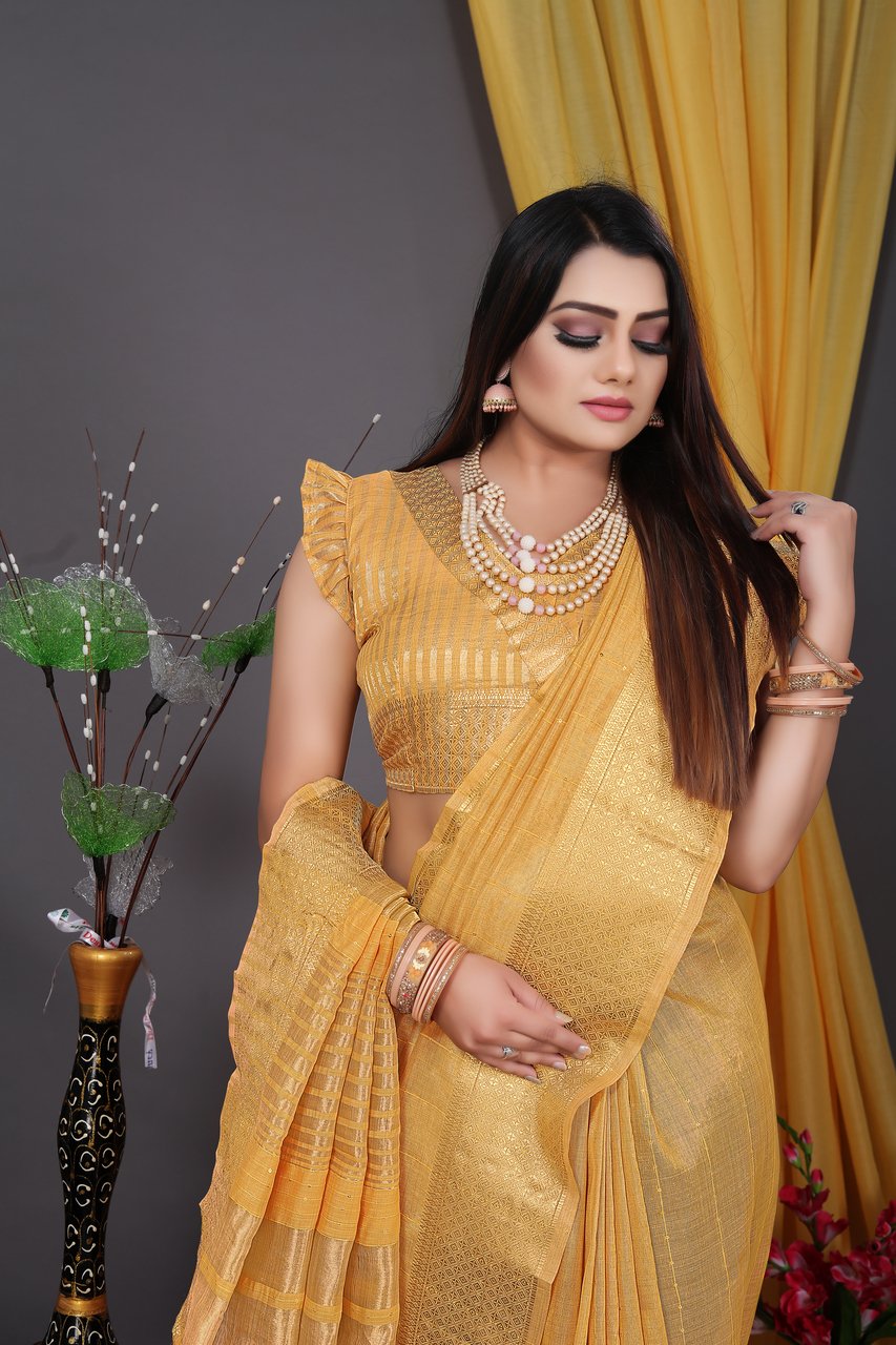 Light Yellow Color Festive Wear Cotton Jacquard Banarasi Silk Saree –  fashionnaari