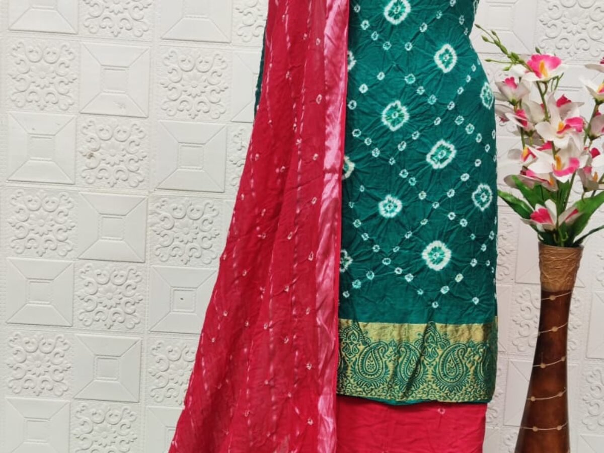 Cotton Hand Barik Thread Work Bandhani Dress Material (Unstitched)