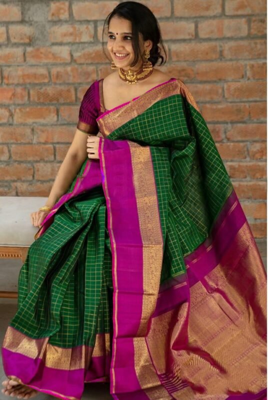 Dark Green & Magenta with Long Broder Soft Silk Pure Kanchivaram Silk Saree  - Sri Arya Silks