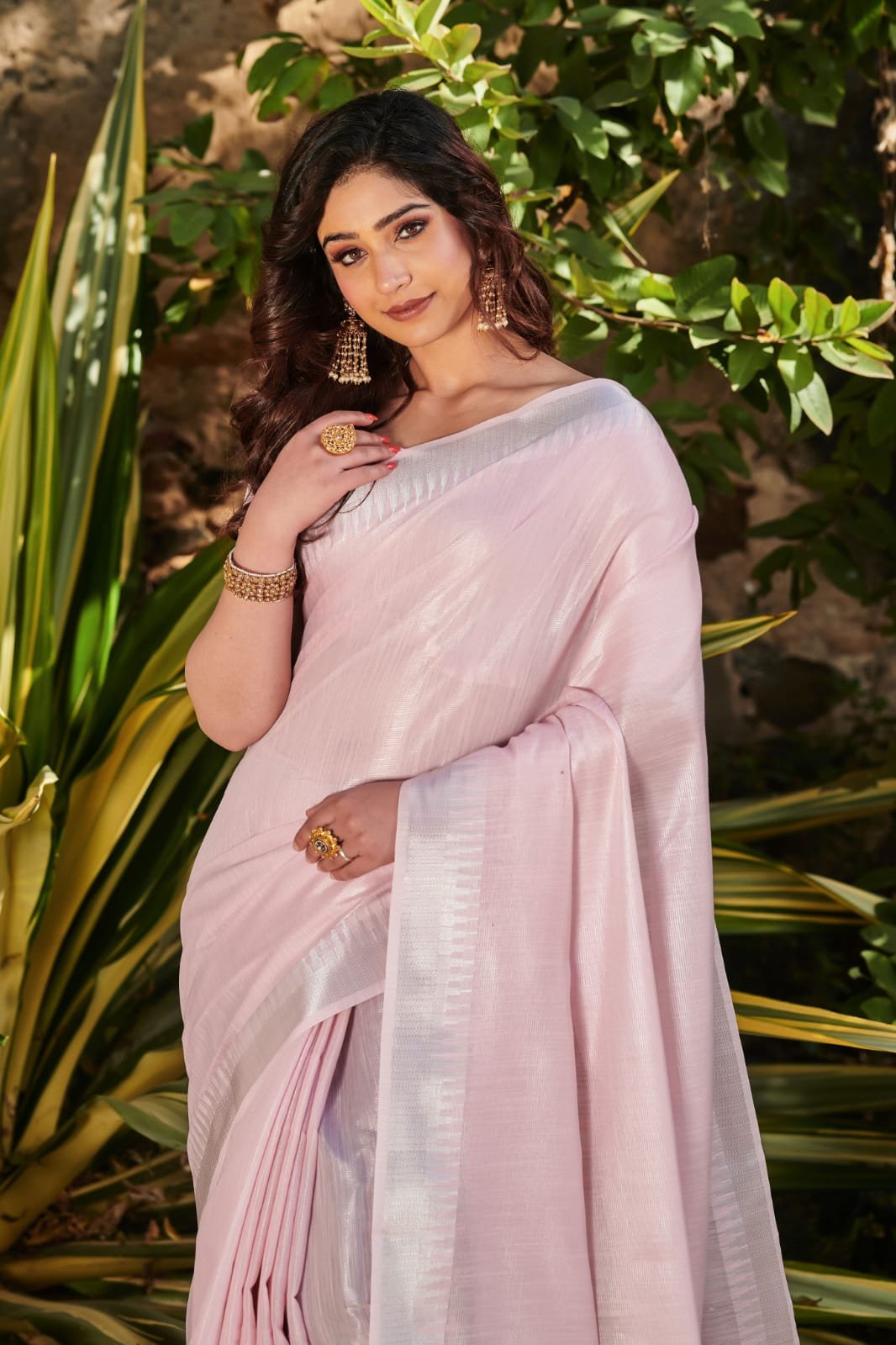 Ornate Pink Embroidered Organza Saree with Silver Border – Swtantra