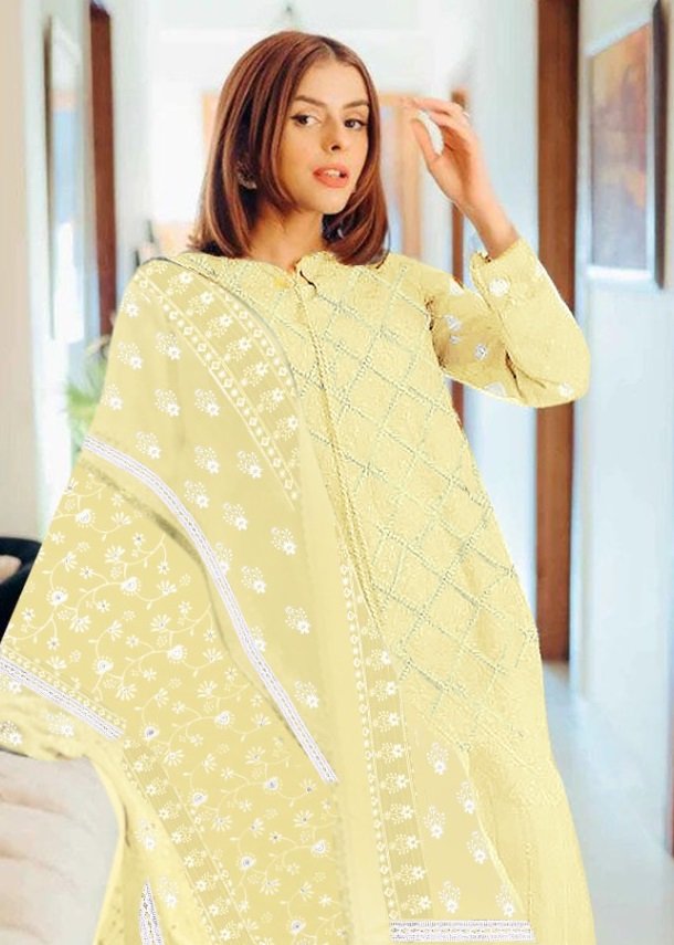 Embroidered Georgette Pakistani Suit in Light Yellow : KCH6151