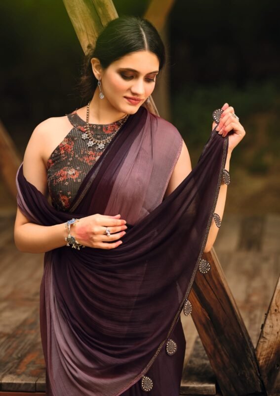 Shop Hand Embroidered Stone Work Coffee Brown Color Georgette Saree Party  Wear Online at Best Price | Cbazaar