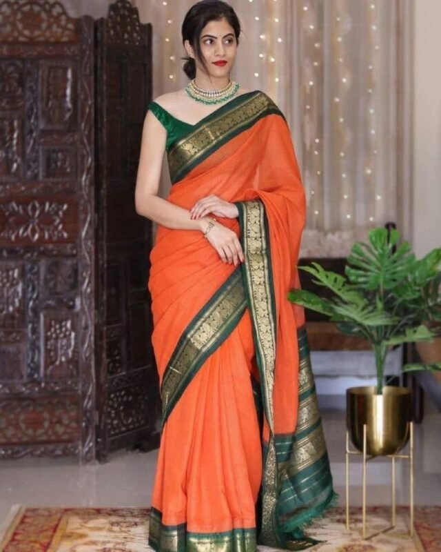 Desirable Orange Color Kanjiveram Soft Silk Saree With Silk Weave