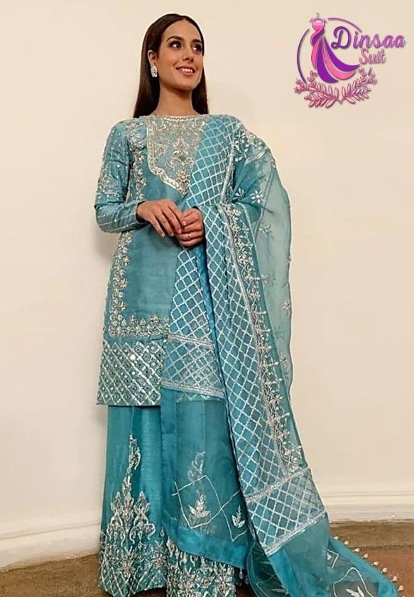 Blue embroidered gergotte semi stitched pakistani fancy dress - fashion  spot - 1968762