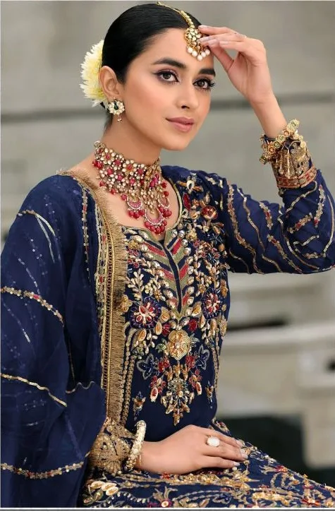 navy blue color pakistani dresses Navy Blue Velvet Semi Stitched Pakistani Suit NCSM12510203 main image 1