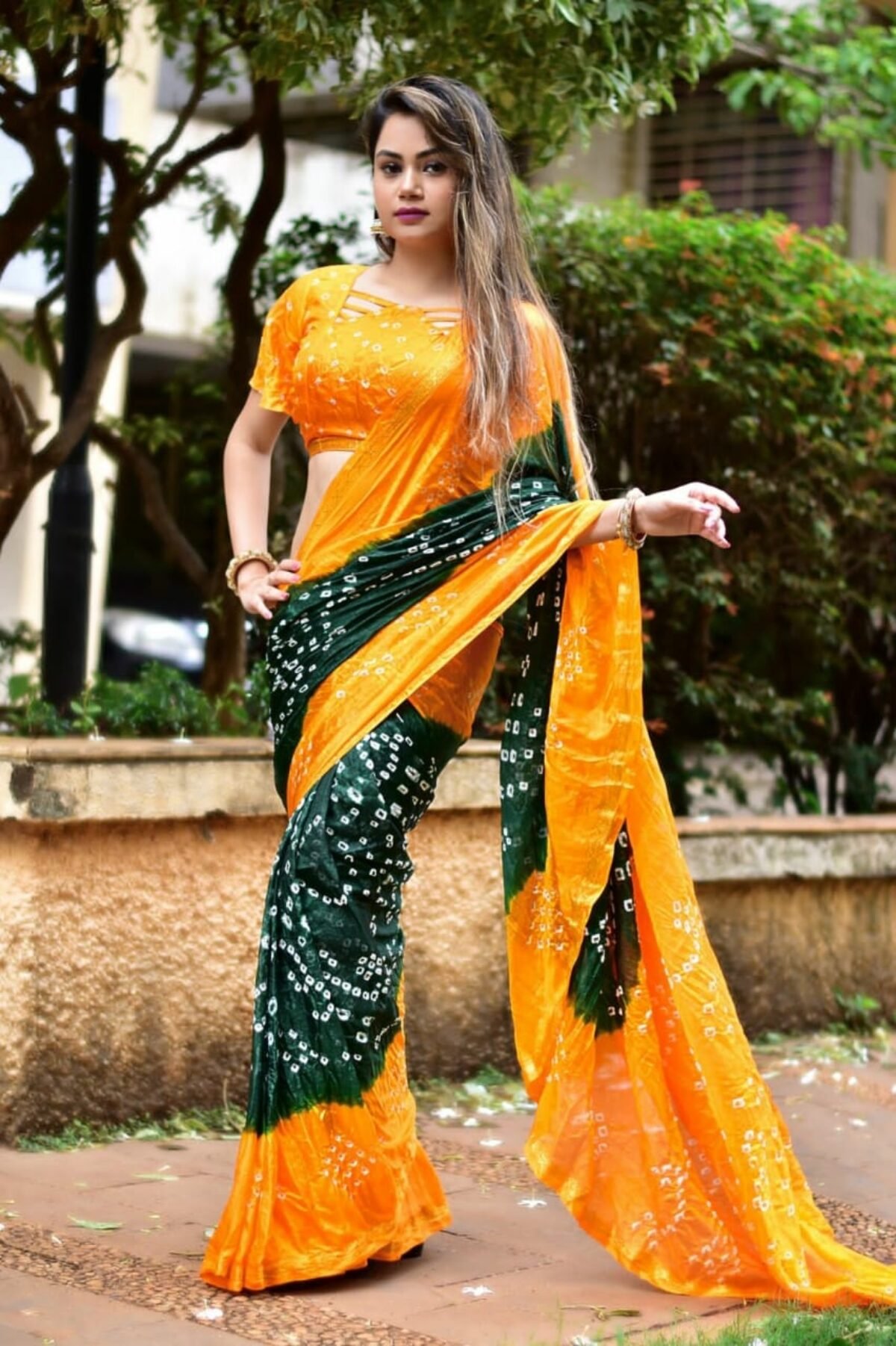 Buy online Orange Colored Georgette Half And Half Saree With Blouse from  ethnic wear for Women by A And V Fashion for ₹4678 at 0% off | 2024  Limeroad.com