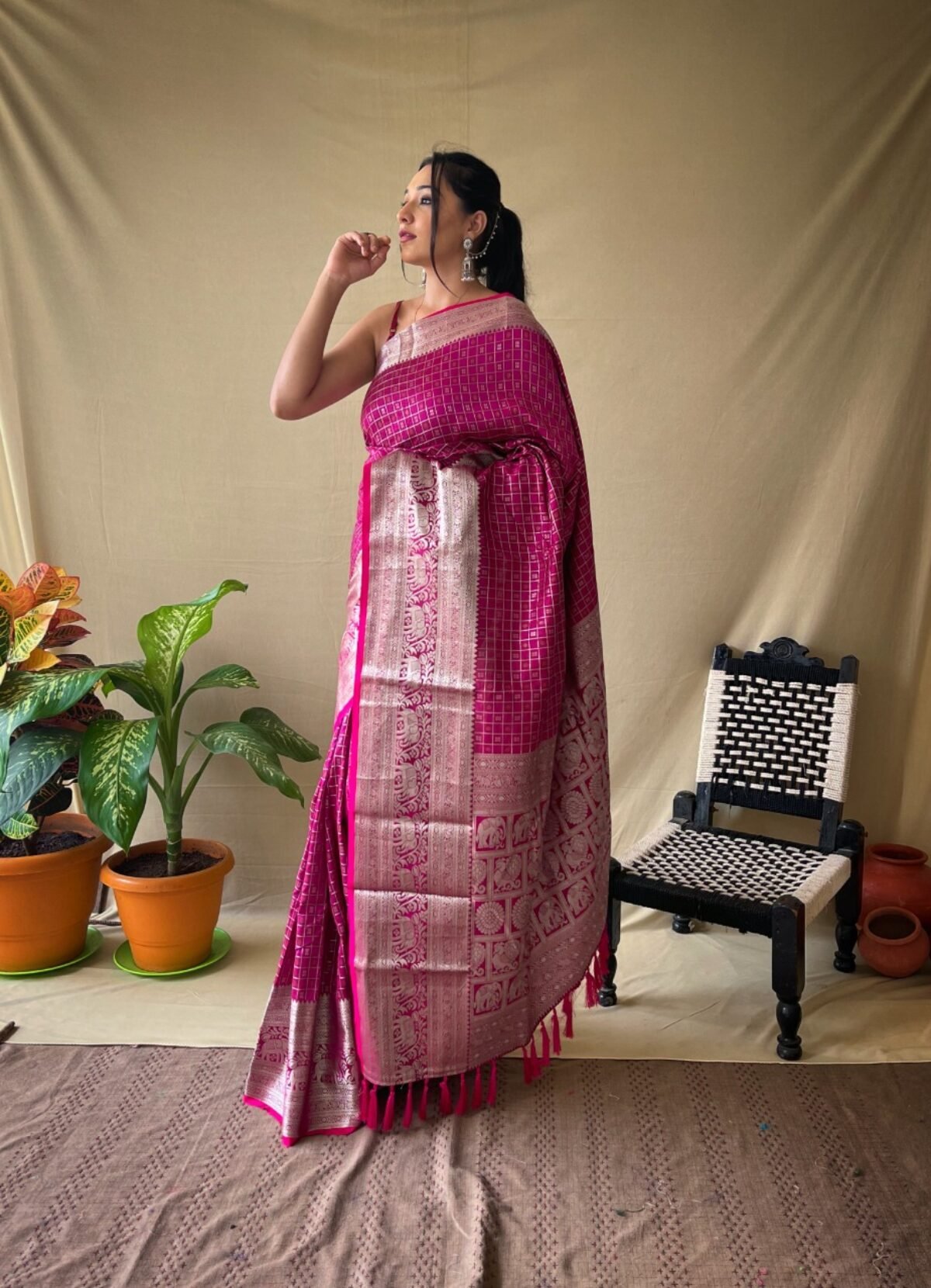 Royal Blue Floral Banarasi Silk Saree | Drape Divaa