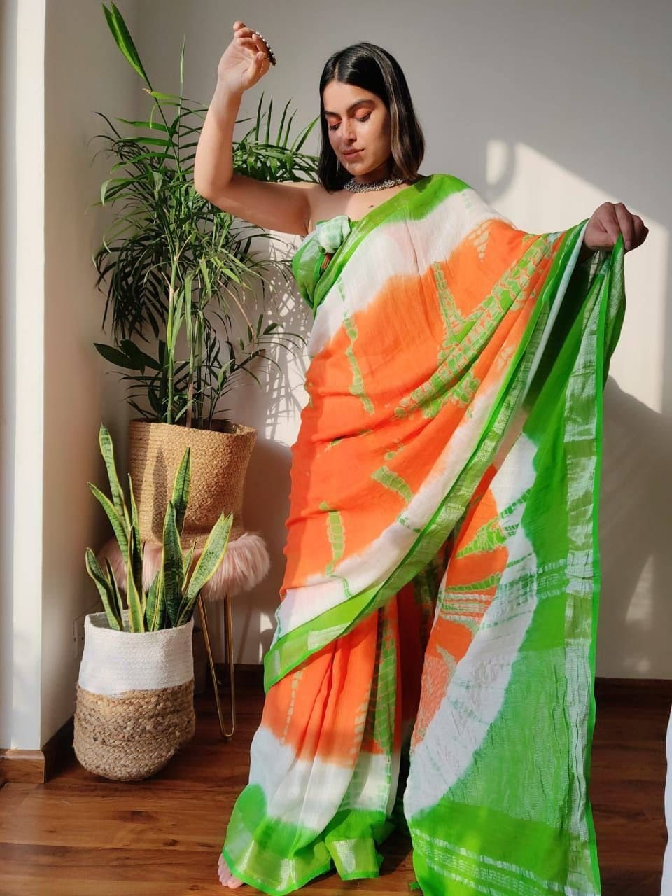Red, blue and green shibori shaded jute silk saree with gold shimmer b
