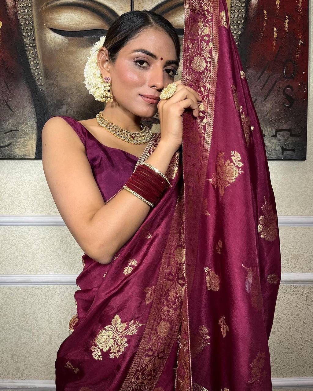 Pre Stitched Georgette Brasso Saree in Maroon | Saree, Brasso, Utsav fashion