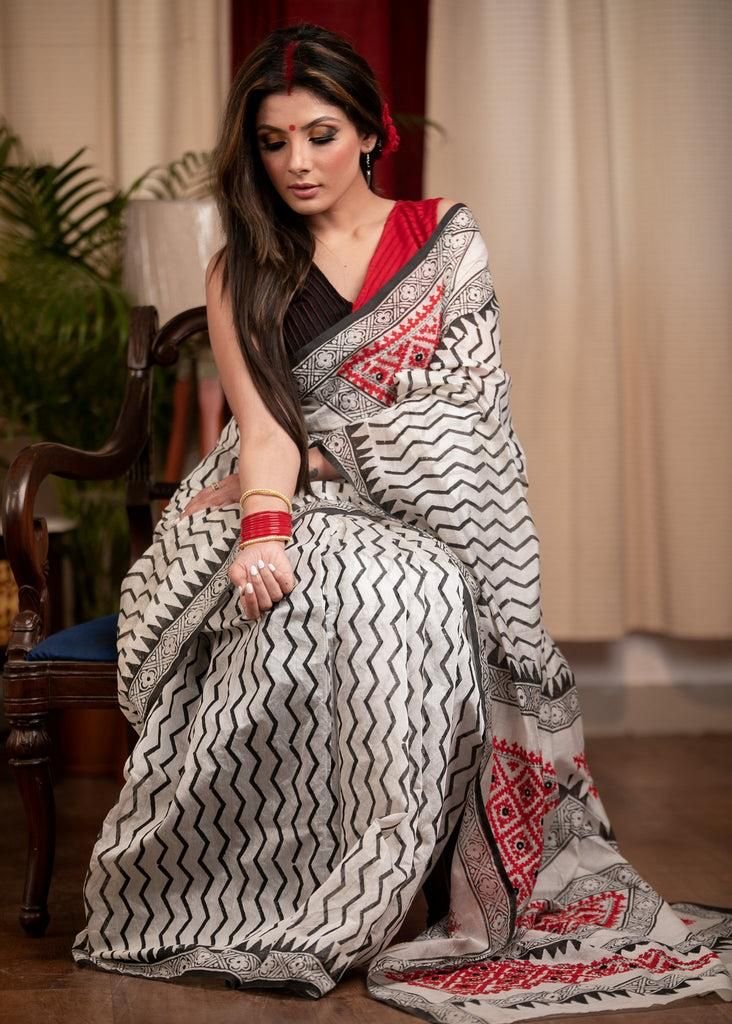 Buy Soft & Graceful. Pure Handwoven Resham Cotton Saree (With Blouse Piece)  - White & Black Online