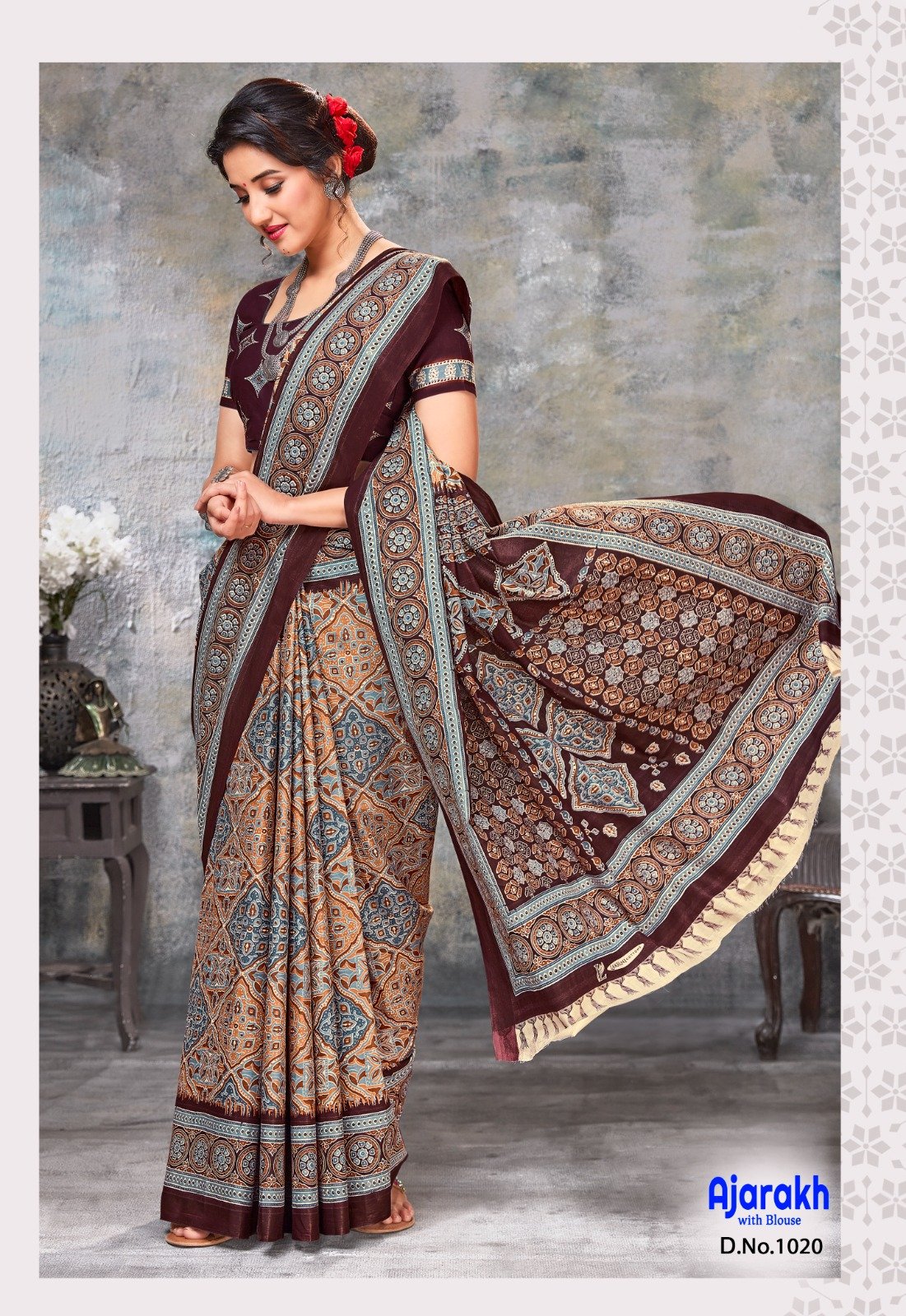 Grey poly cotton saree with unique motifs, contrast dark blue border &  pallu of intricate motifs & all-over mirrorwork