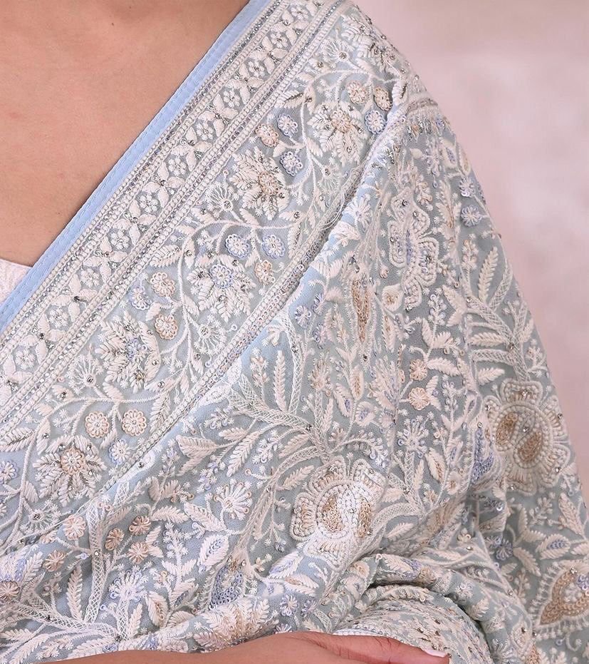 Cream & sand garden print ruffle sari & embroidered blouse set – Arpita  Mehta Official