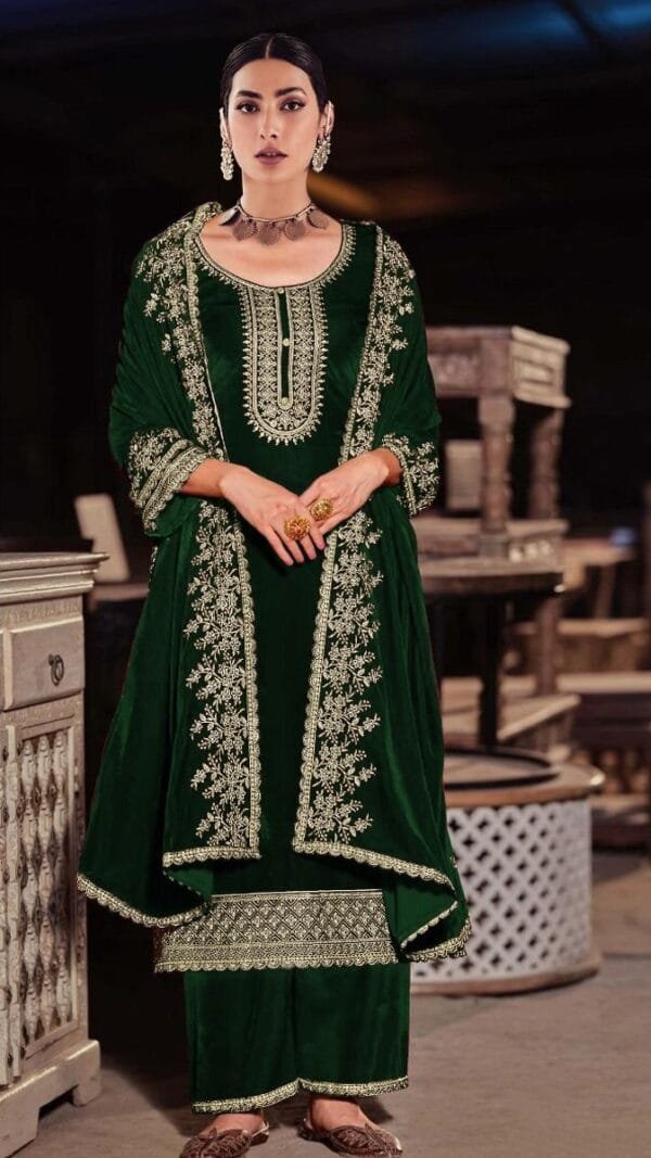 Green Pure Viscose Velvet with Embroidery Sequence Work Pakistani Suit Sale