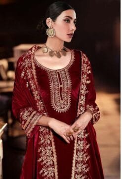 Maroon Pure Viscose Velvet with Embroidery Sequence Work Pakistani Suit Sale