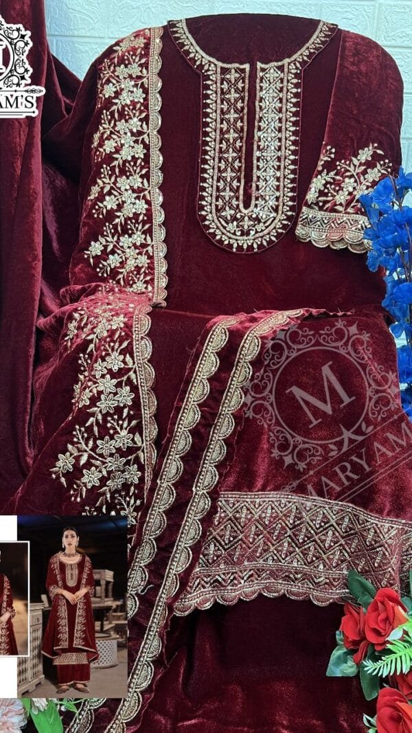 Maroon Pure Viscose Velvet with Embroidery Sequence Work Pakistani Suit Sale
