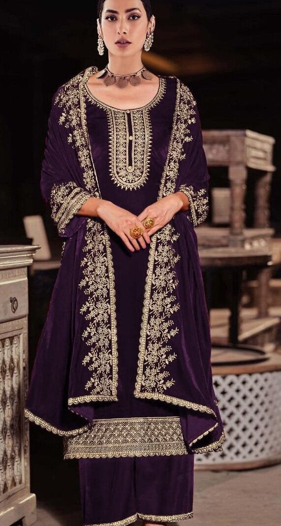 Purple Pure Viscose Velvet with Embroidery Sequence Work Pakistani Suit Sale