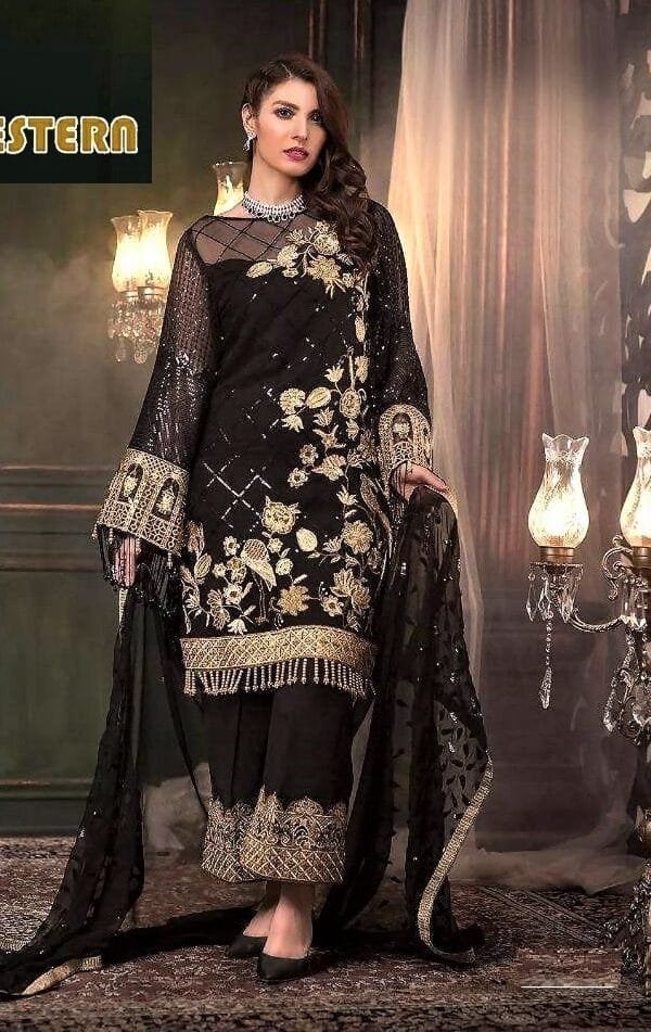 Black Butterfly Net With heavy Embroidery Work Pakistani Suits In Sale