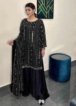 Black Fully Stitched Ready To Wear Faux Georgette Sequence Work Pakistani Suits In Sales