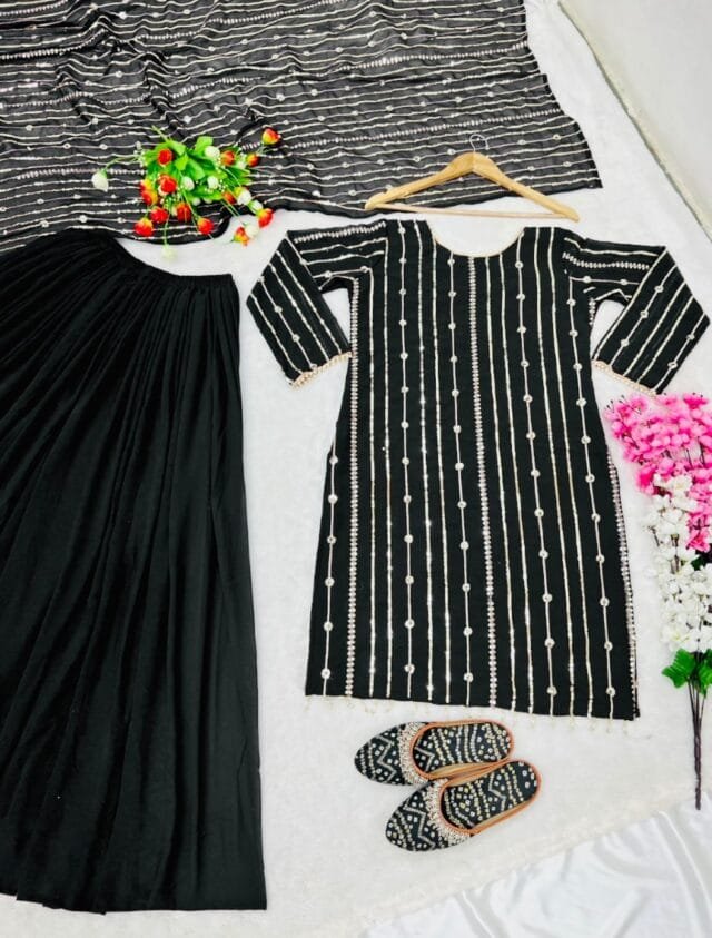 Black Fully Stitched Ready To Wear Faux Georgette Sequence Work Pakistani Suits In Sales