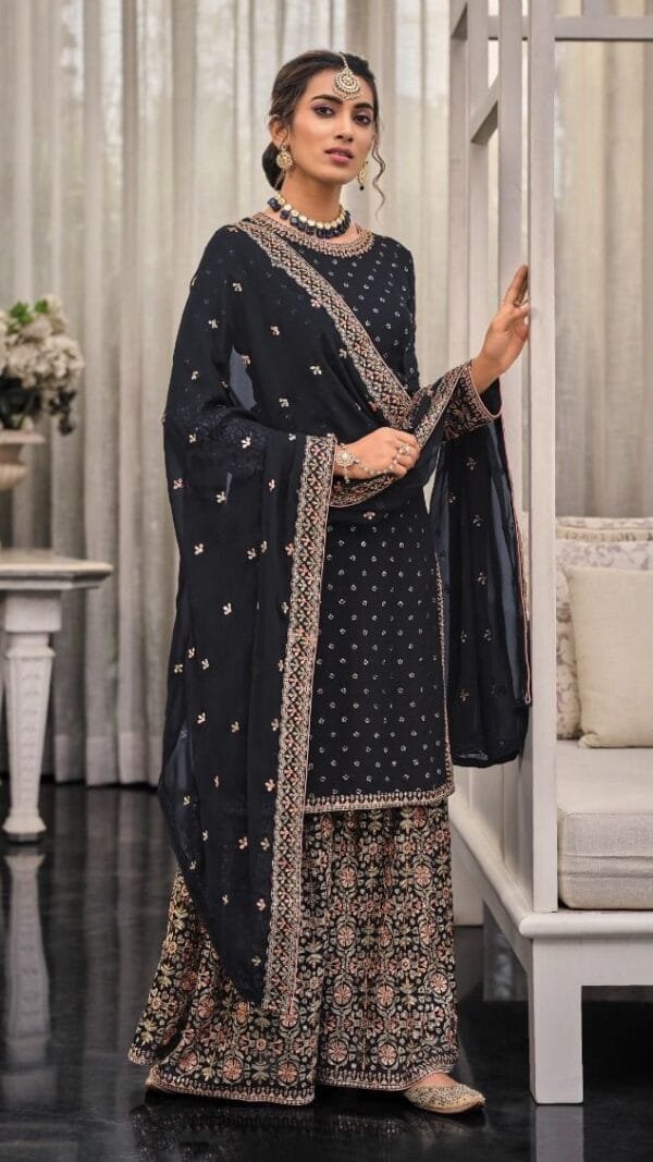 Black Heavy Fox Georgatte With Embroidery Sequence Work