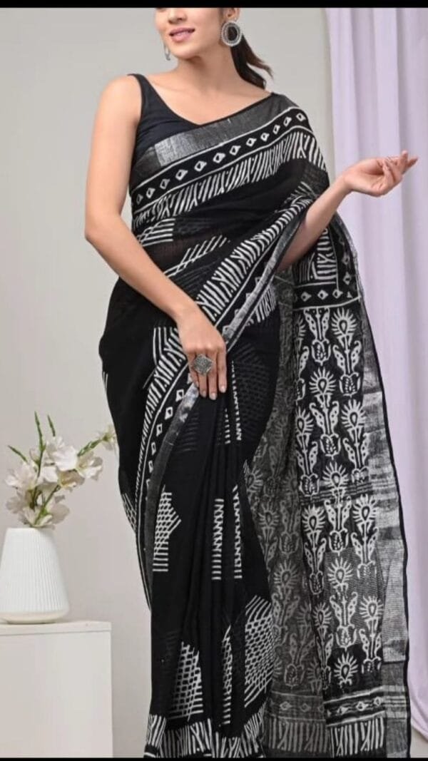 Black Linen Digital Print Saree