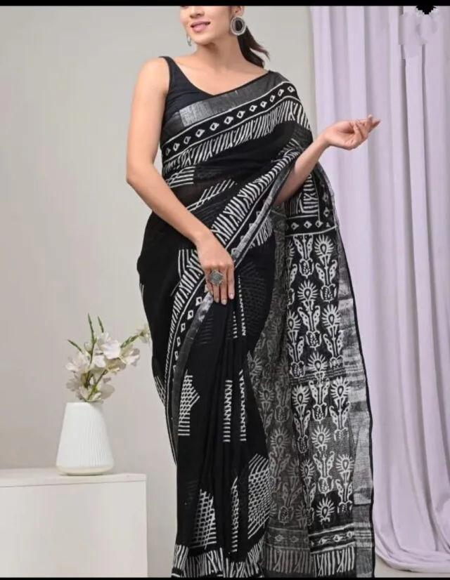 Black Linen Digital Print Saree