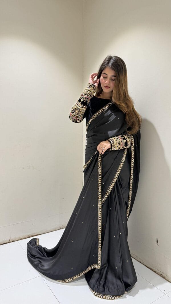 Black New TrendingVelvet Moti Work Saree
