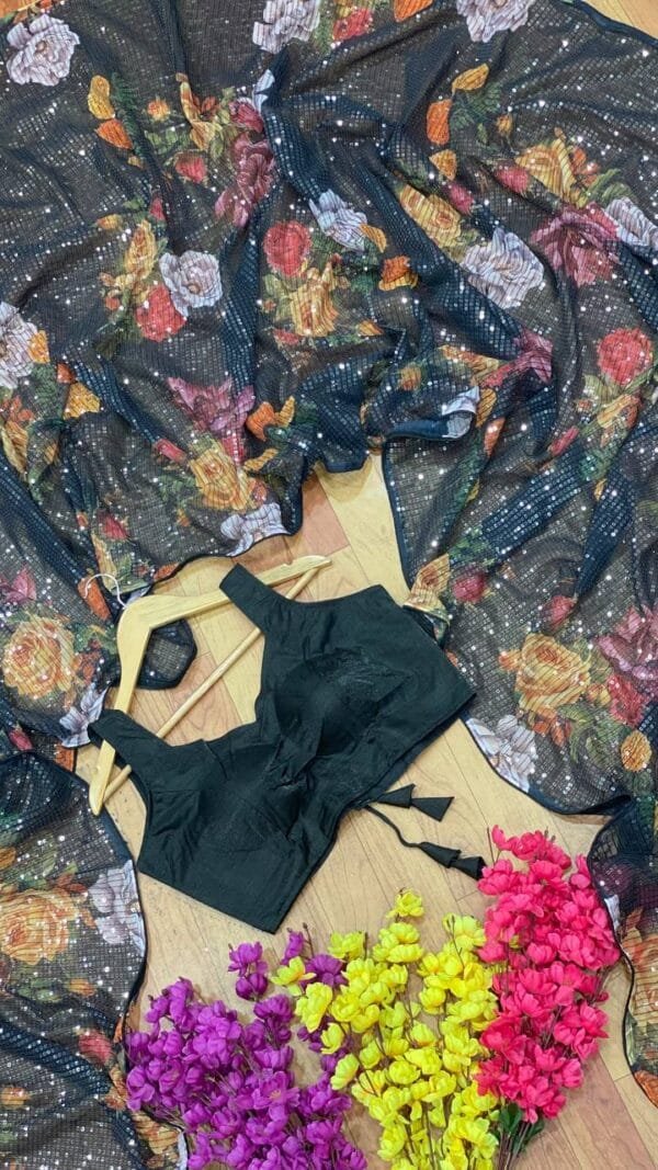 Black Premiuim Georgette Fabric Digital Print Saree