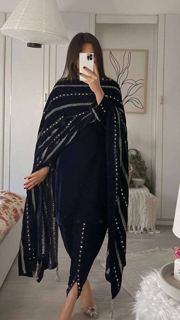Black Readymade Viscose Velvet With Embroidery Sequence Work Pakistani Suits In Sale