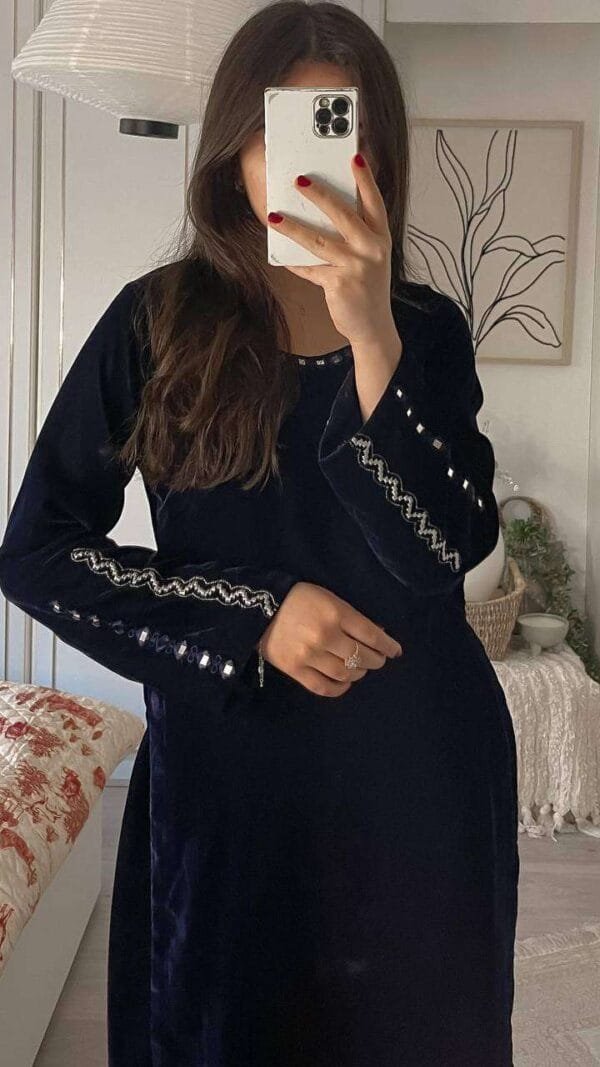 Black Readymade Viscose Velvet With Embroidery Sequence Work Pakistani Suits In Sale