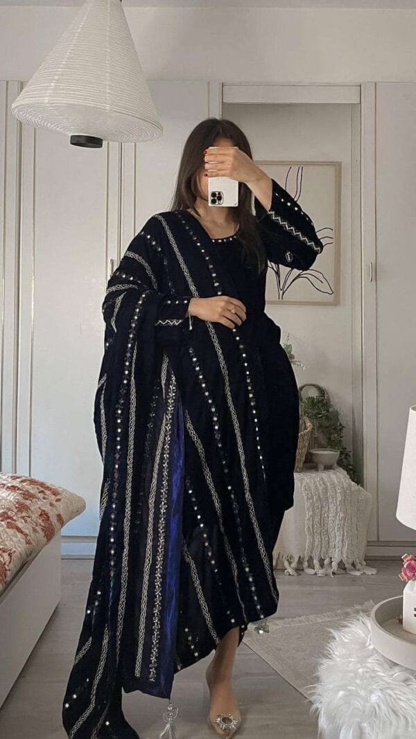 Black Readymade Viscose Velvet With Embroidery Sequence Work Pakistani Suits In Sale