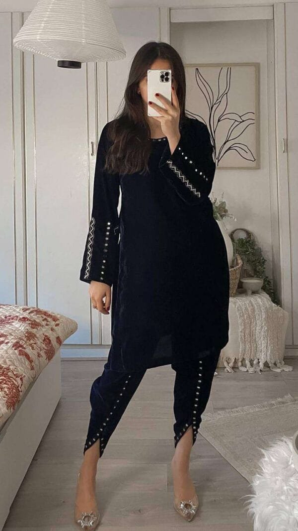 Black Readymade Viscose Velvet With Embroidery Sequence Work Pakistani Suits In Sale