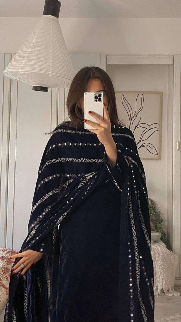 Black Readymade Viscose Velvet With Embroidery Sequence Work Pakistani Suits In Sale