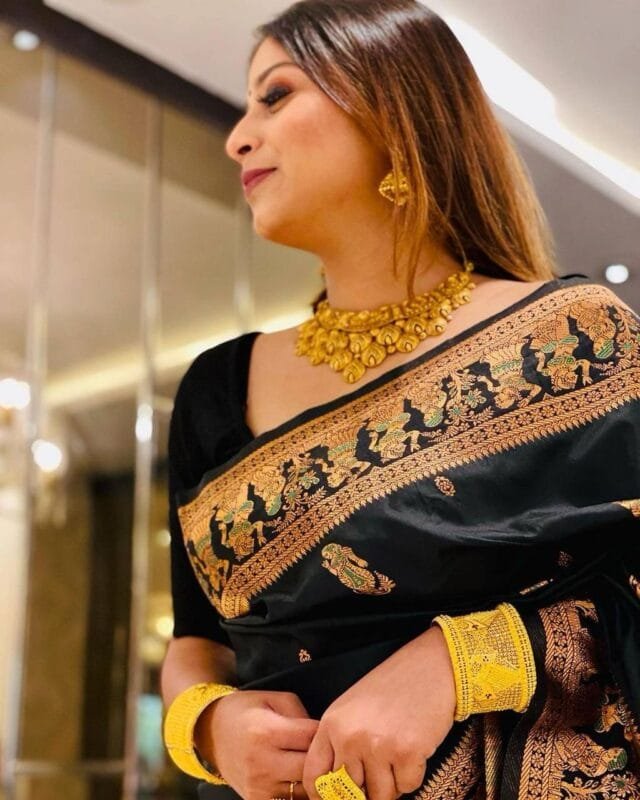 Black Saree With Golden Border Silk