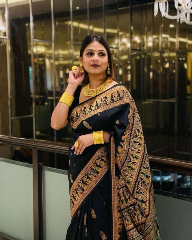 Black Saree With Golden Border Silk