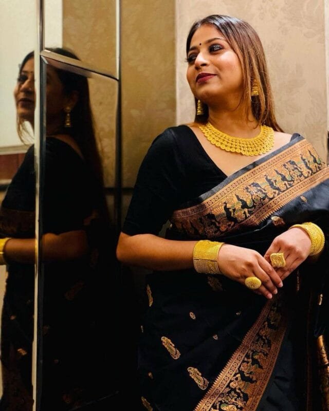 Black Saree With Golden Border Silk